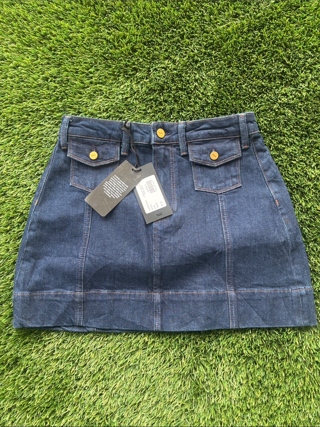 Paige Dark Blue Denim Mini Skirt With Front Flap Pockets